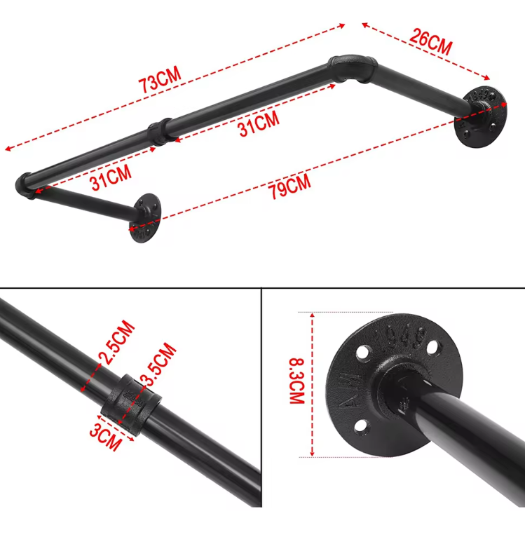 Industriële Wandgemonteerde Kledingrail – Metalen Kledingrek 79/100 cm