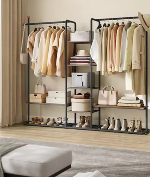 Open Kledingrek met 6 Planken en 2 Kledingstangen – Staal enHout, Modern Ontwerp met Haken