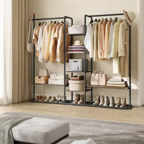 Open Kledingrek met 6 Planken en 2 Kledingstangen – Staal enHout, Modern Ontwerp met Haken