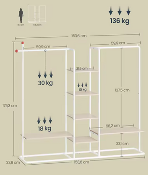 Open Kledingrek met 6 Planken en 2 Kledingstangen – Staal enHout, Modern Ontwerp met Haken
