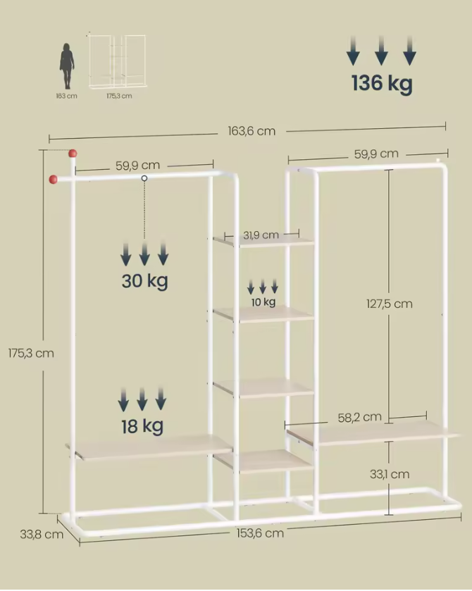 Open Kledingrek met 6 Planken en 2 Kledingstangen – Staal enHout, Modern Ontwerp met Haken