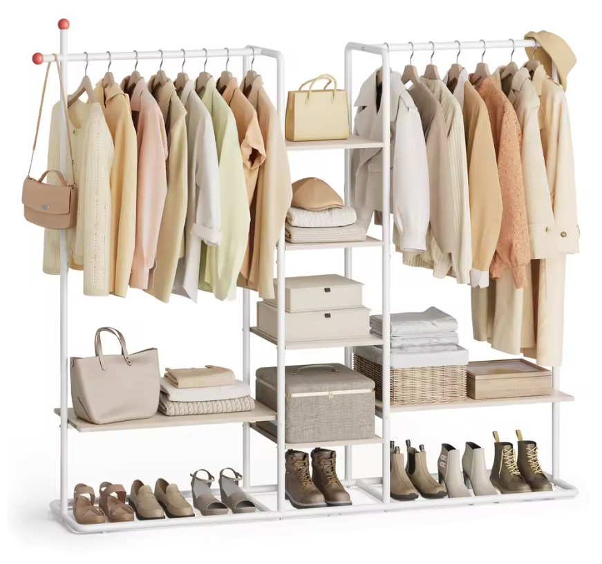 Open Kledingrek met 6 Planken en 2 Kledingstangen – Staal enHout, Modern Ontwerp met Haken