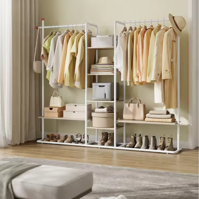 Open Kledingrek met 6 Planken en 2 Kledingstangen – Staal enHout, Modern Ontwerp met Haken