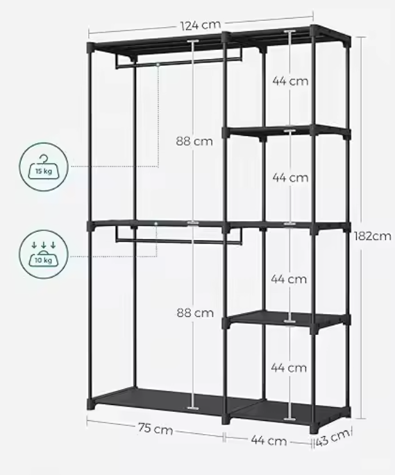Open Kledingkast met 2 Kledingstangen en Meerdere Planken – Vrijstaand Opbergrek