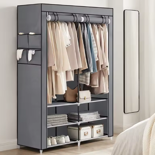 Stoffen Kledingkast met 2 Hangstangen en 4 Zijvakken – 45x127x176 cm, Opvouwbaar en  Ruim