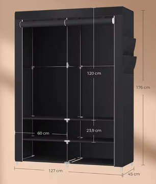 Stoffen Kledingkast met 2 Hangstangen en 4 Zijvakken – 45x127x176 cm, Opvouwbaar en  Ruim