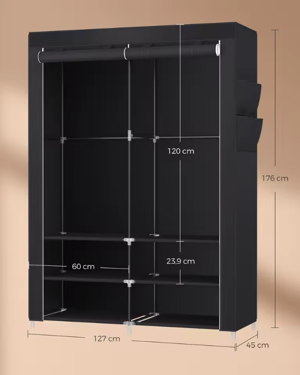 Stoffen Kledingkast met 2 Hangstangen en 4 Zijvakken – 45x127x176 cm, Opvouwbaar en  Ruim