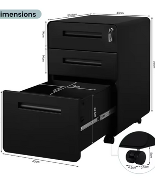 Metalen Verrijdbare Archiefkast met Slot – 3 Lades 40x63x50,8 cm