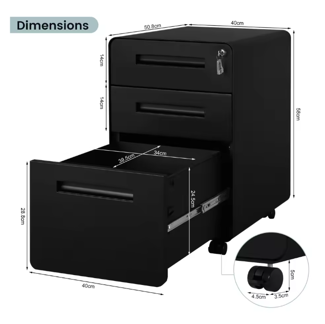 Metalen Verrijdbare Archiefkast met Slot – 3 Lades 40x63x50,8 cm
