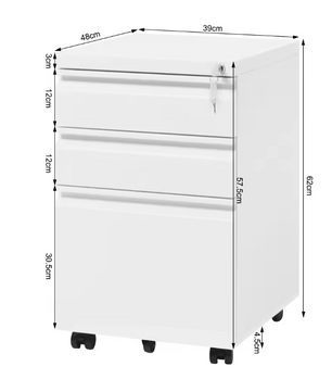 Verrijdbare Archiefkast met 3 Laden – Afsluitbare Rolcontainer met Wielen – 39x62x46 cm – Metalen Kantoorkast