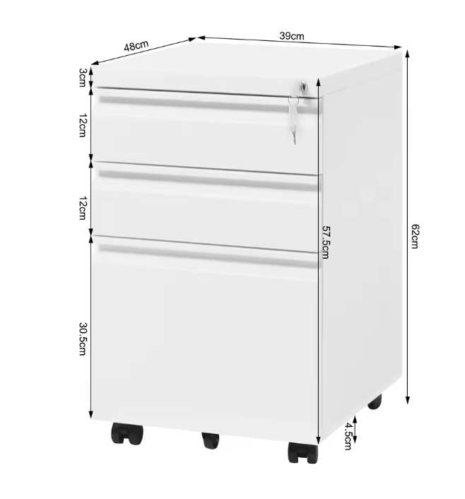Verrijdbare Archiefkast met 3 Laden – Afsluitbare Rolcontainer met Wielen – 39x62x46 cm – Metalen Kantoorkast