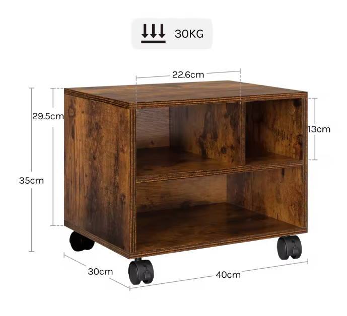 Mobiele Printerstandaard met Wielen – Meerlaagse Kantoor Organizer – 40x35x30 cm – Houten Archiefkast met Opslagvakken