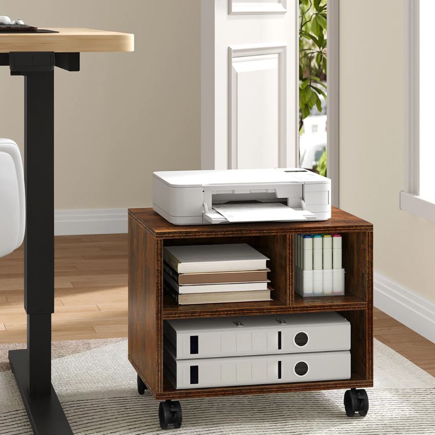 Mobiele Printerstandaard met Wielen – Meerlaagse Kantoor Organizer – 40x35x30 cm – Houten Archiefkast met Opslagvakken