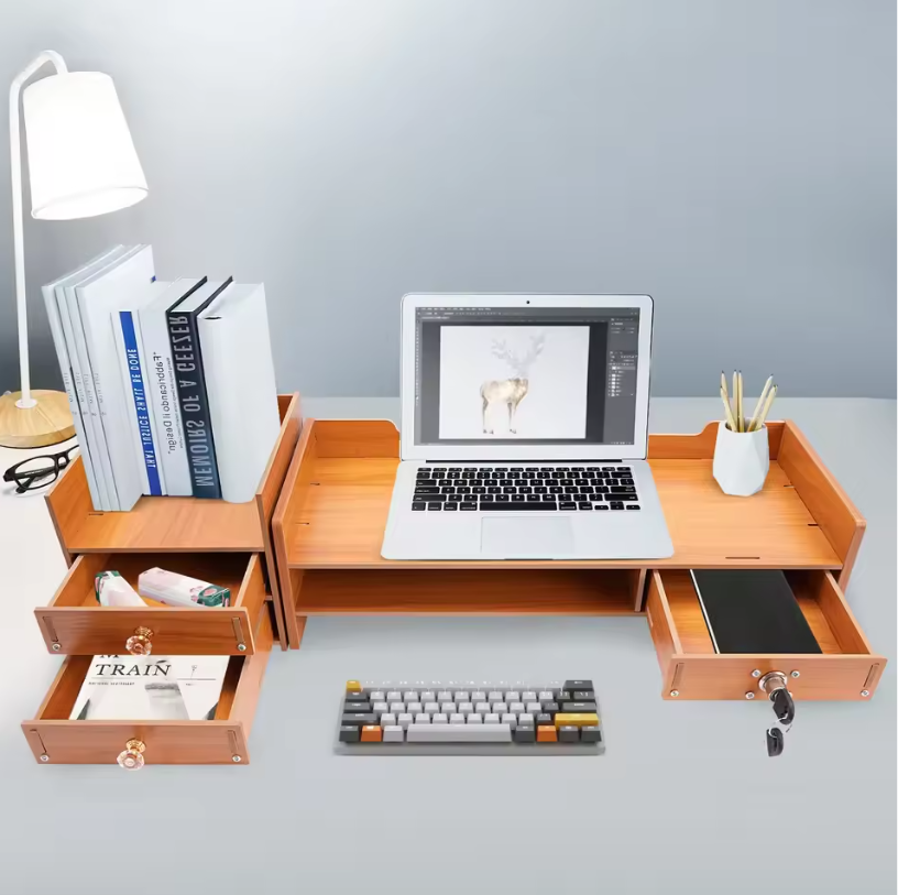 Houten Bureau-Organizer met Laden – Monitorstandaard en amp; Opbergrek voor Kantoorbenodigdheden