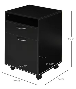 Archiefkast met Wielen – Zwarte Rolcontainer met Lade en Kast, 40×35×60 cm, Ruimtebesparende Kantooropberger