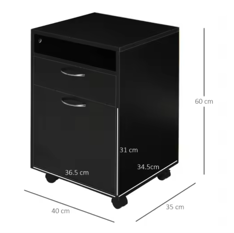 Archiefkast met Wielen – Zwarte Rolcontainer met Lade en Kast, 40×35×60 cm, Ruimtebesparende Kantooropberger