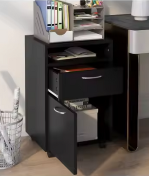 Archiefkast met Wielen – Zwarte Rolcontainer met Lade en Kast, 40×35×60 cm, Ruimtebesparende Kantooropberger