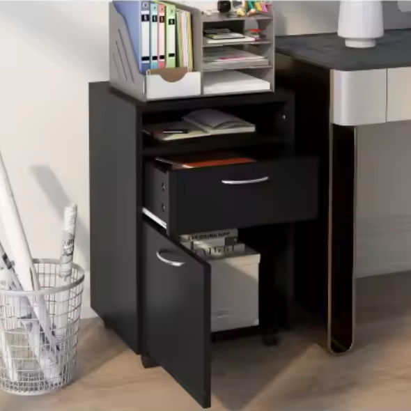 Archiefkast met Wielen – Zwarte Rolcontainer met Lade en Kast, 40×35×60 cm, Ruimtebesparende Kantooropberger