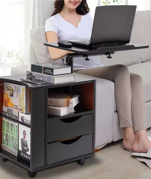 Draaibaar Nachtkastje met 2 Laden – Verstelbare Boekenplank met 3 Niveaus, Functionele Opbergkast voor Slaapkamer en Kantoor