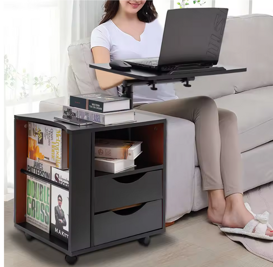 Draaibaar Nachtkastje met 2 Laden – Verstelbare Boekenplank met 3 Niveaus, Functionele Opbergkast voor Slaapkamer en Kantoor