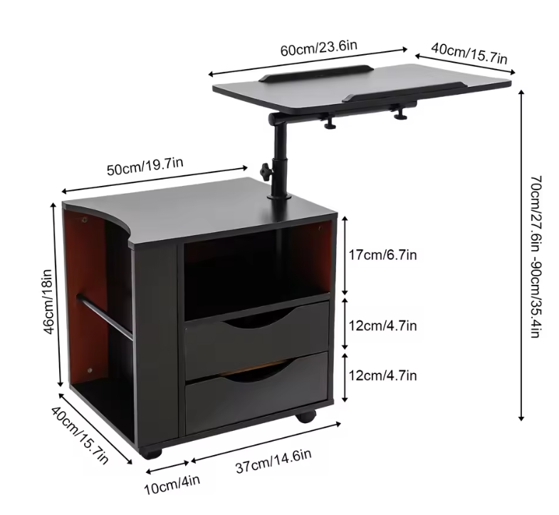 Draaibaar Nachtkastje met 2 Laden – Verstelbare Boekenplank met 3 Niveaus, Functionele Opbergkast voor Slaapkamer en Kantoor