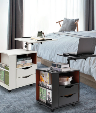 Draaibaar Nachtkastje met 2 Laden – Verstelbare Boekenplank met 3 Niveaus, Functionele Opbergkast voor Slaapkamer en Kantoor