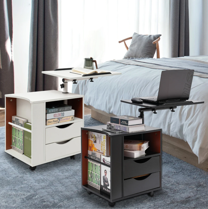 Draaibaar Nachtkastje met 2 Laden – Verstelbare Boekenplank met 3 Niveaus, Functionele Opbergkast voor Slaapkamer en Kantoor