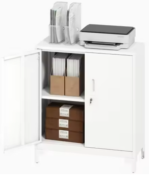 Afsluitbare Metalen Kantoorkast – 2-Laags Opbergkast met Deuren, Wit, 80x35x91 cm