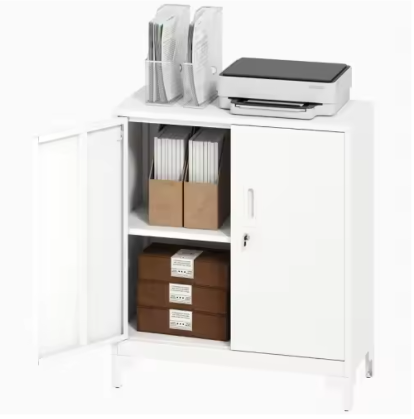 Afsluitbare Metalen Kantoorkast – 2-Laags Opbergkast met Deuren, Wit, 80x35x91 cm
