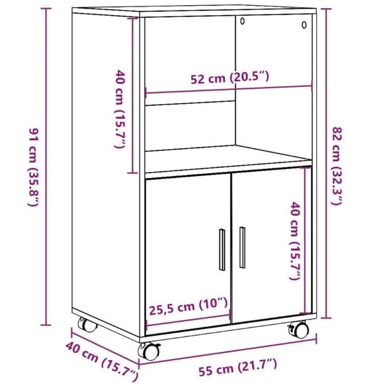 Rolkast van Ambachtelijk Eiken – 3-Ladekast op Wielen 55x40x91 cm