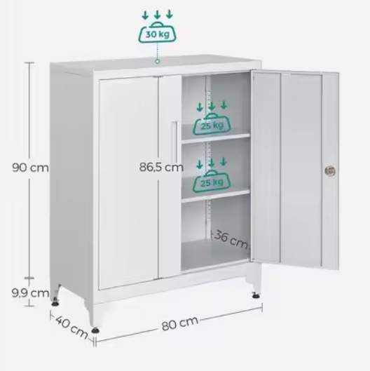 Metalen Kantoorkast met 2 Deuren – Opbergkast 80x40x90 cm Zwart/Grijs