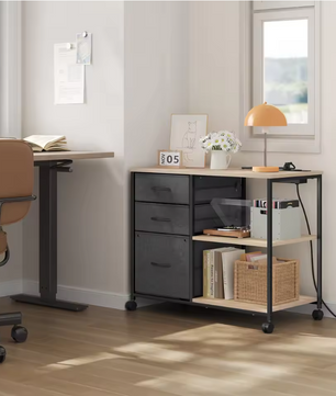 Archiefkast met Laadstation – 3 Stoffen Laden, Printertafel met Wielen, Houten Kantoorrolcontainer 80x66x40 cm