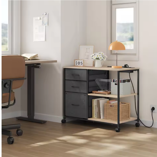 Archiefkast met Laadstation – 3 Stoffen Laden, Printertafel met Wielen, Houten Kantoorrolcontainer 80x66x40 cm