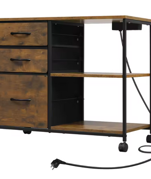 Archiefkast met Laadstation – 3 Stoffen Laden, Printertafel met Wielen, Houten Kantoorrolcontainer 80x66x40 cm