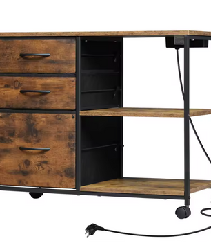 Archiefkast met Laadstation – 3 Stoffen Laden, Printertafel met Wielen, Houten Kantoorrolcontainer 80x66x40 cm
