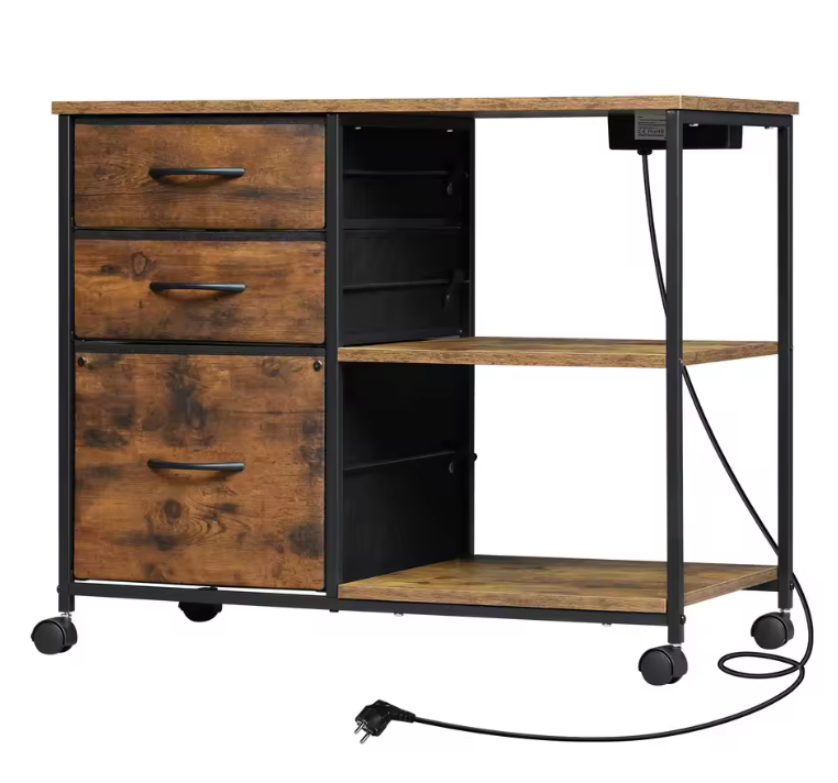 Archiefkast met Laadstation – 3 Stoffen Laden, Printertafel met Wielen, Houten Kantoorrolcontainer 80x66x40 cm