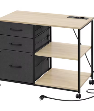 Archiefkast met Laadstation – 3 Stoffen Laden, Printertafel met Wielen, Houten Kantoorrolcontainer 80x66x40 cm