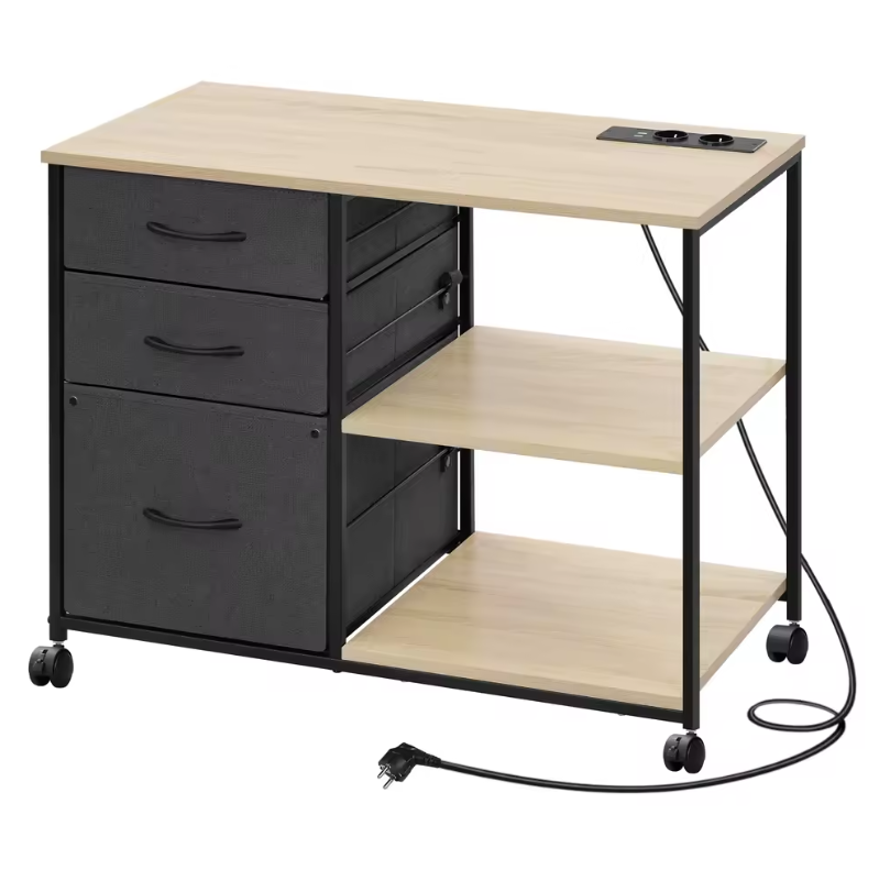Archiefkast met Laadstation – 3 Stoffen Laden, Printertafel met Wielen, Houten Kantoorrolcontainer 80x66x40 cm