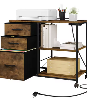 Archiefkast met Laadstation – 3 Stoffen Laden, Printertafel met Wielen, Houten Kantoorrolcontainer 80x66x40 cm