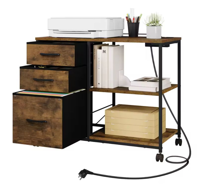 Archiefkast met Laadstation – 3 Stoffen Laden, Printertafel met Wielen, Houten Kantoorrolcontainer 80x66x40 cm