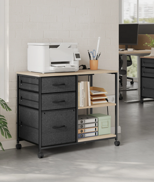 Archiefkast met Laadstation – 3 Stoffen Laden, Printertafel met Wielen, Houten Kantoorrolcontainer 80x66x40 cm