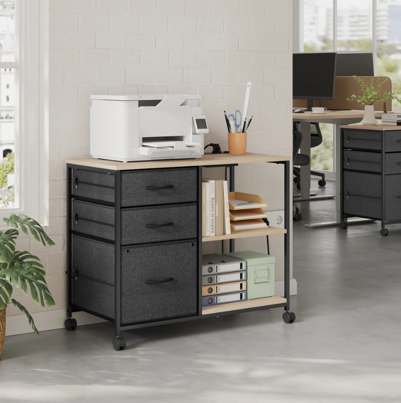 Archiefkast met Laadstation – 3 Stoffen Laden, Printertafel met Wielen, Houten Kantoorrolcontainer 80x66x40 cm