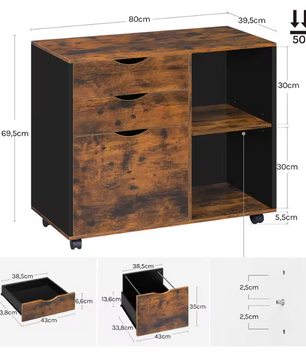 Mobiele Archiefkast met 3 Laden – Verrijdbare Kantoorkast met Ophangmap en Verstelbare Plank