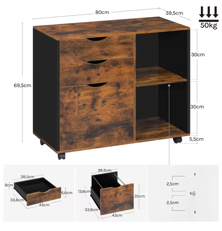 Mobiele Archiefkast met 3 Laden – Verrijdbare Kantoorkast met Ophangmap en Verstelbare Plank