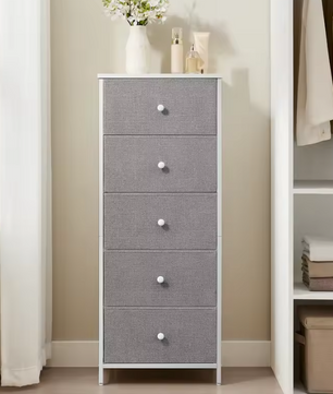 Commode met 5 Stoffen Lades – Slank Opbergkastje met Metalen Frame en amp; Houten Bovenblad