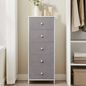Commode met 5 Stoffen Lades – Slank Opbergkastje met Metalen Frame en amp; Houten Bovenblad