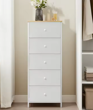 Commode met 5 Stoffen Lades – Slank Opbergkastje met Metalen Frame en amp; Houten Bovenblad