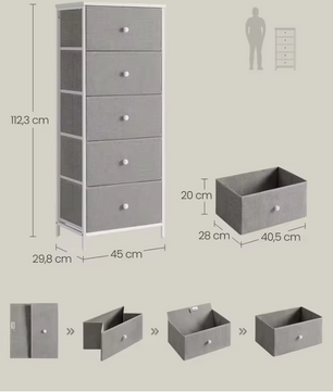 Commode met 5 Stoffen Lades – Slank Opbergkastje met Metalen Frame en amp; Houten Bovenblad