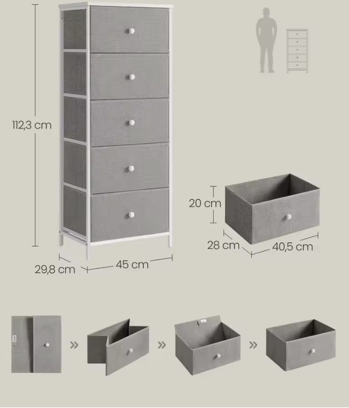 Commode met 5 Stoffen Lades – Slank Opbergkastje met Metalen Frame en amp; Houten Bovenblad