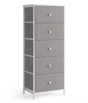 Commode met 5 Stoffen Lades – Slank Opbergkastje met Metalen Frame en amp; Houten Bovenblad